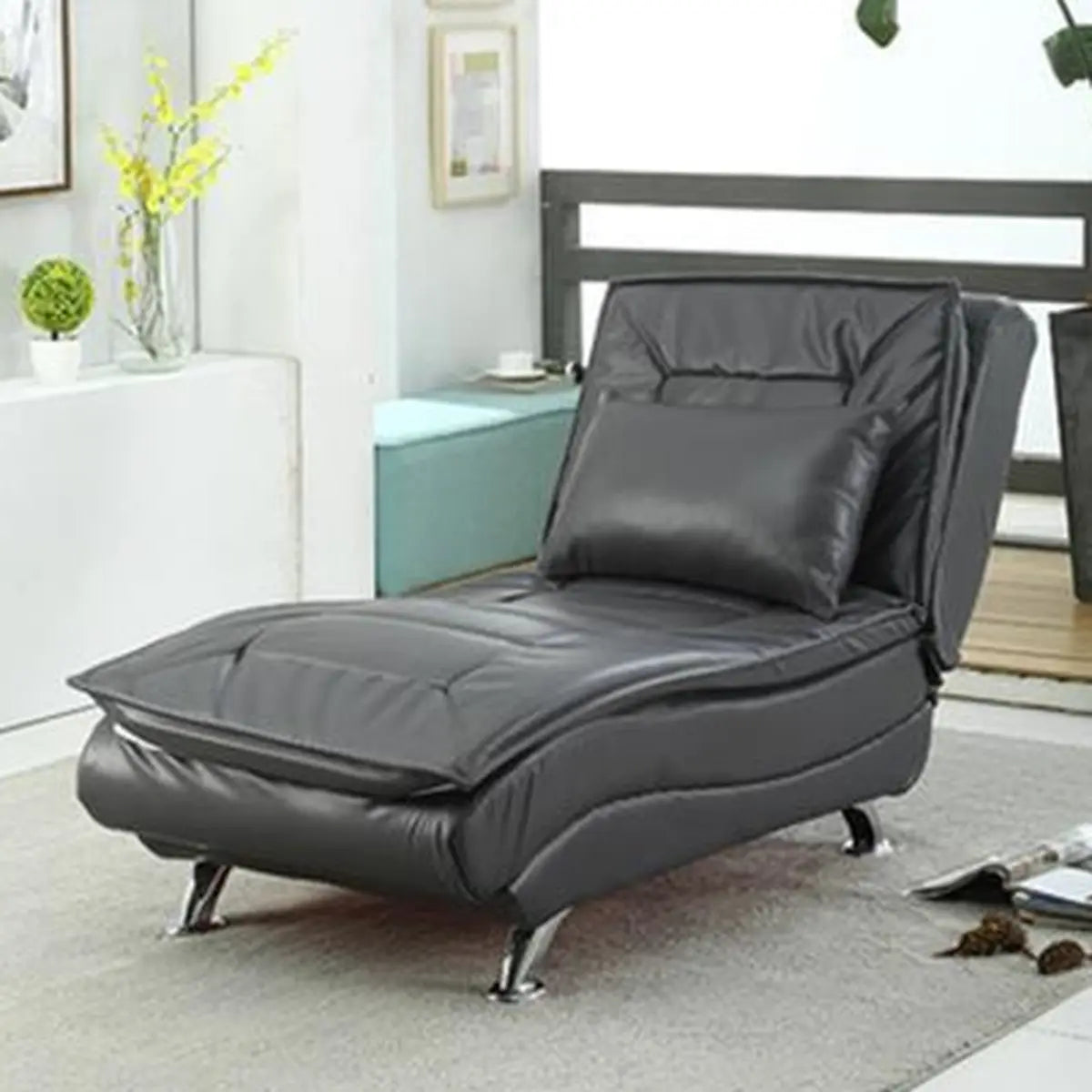 Black Adjustable Plush Fabric Recliner Armless Chaise Image - 14