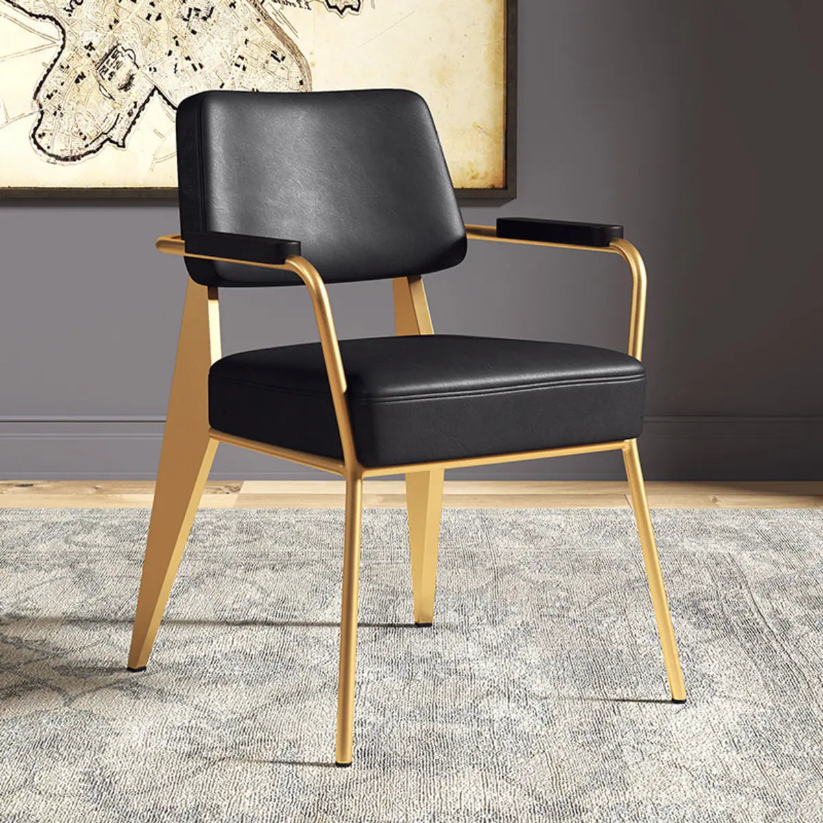 Black Backrest Arm Leather Metal Standard Dining Chair Image - 1