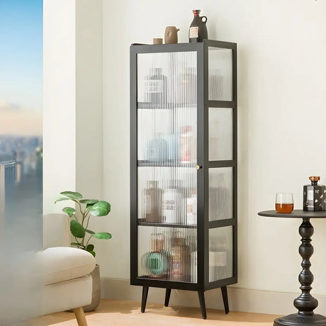 Black Bamboo Rectangular Tall Curio Display Cabinet Image - 2