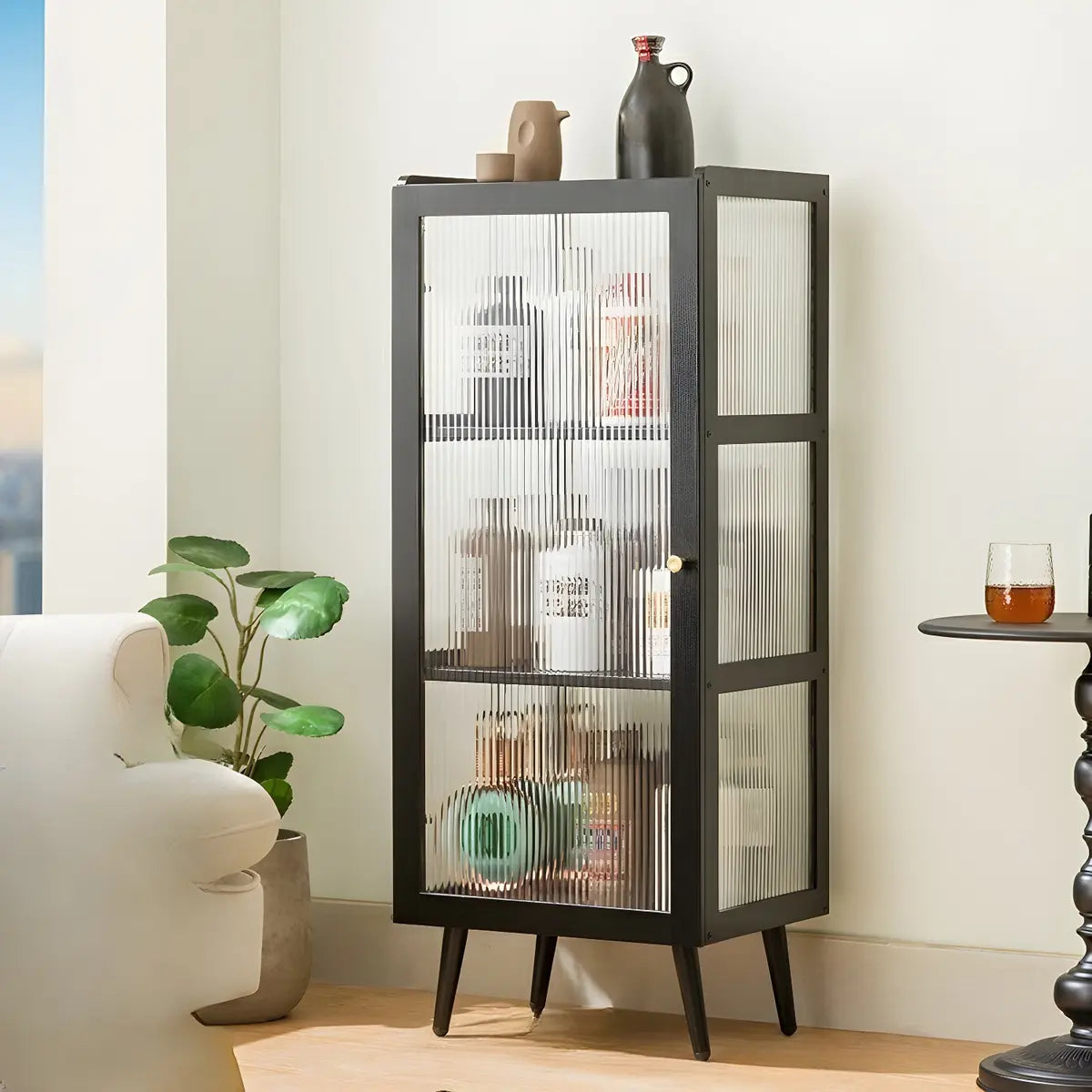 Black Bamboo Rectangular Tall Curio Display Cabinet Image - 3