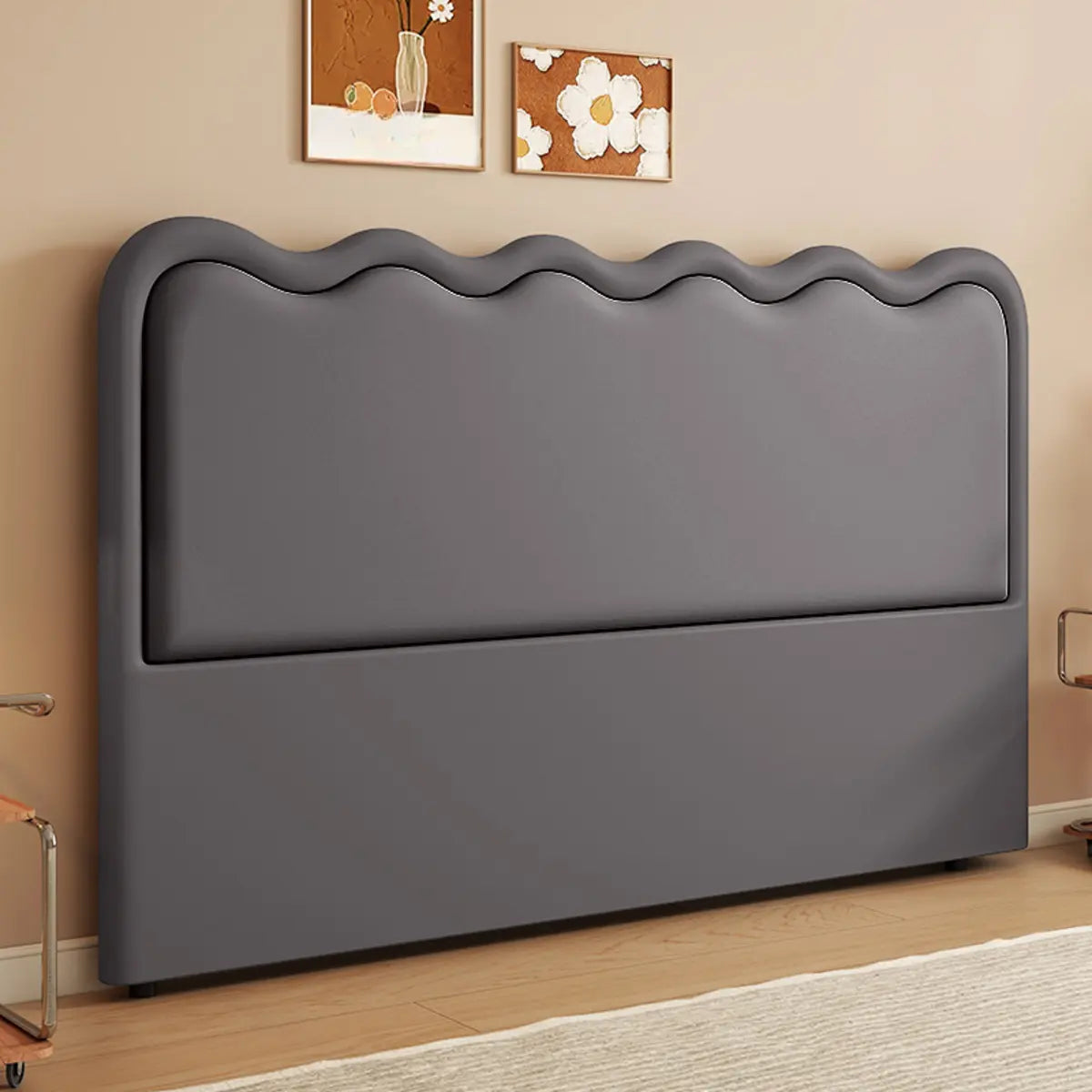 Black Beige Wavy Upholstered Rectangular Headboard Image - 12