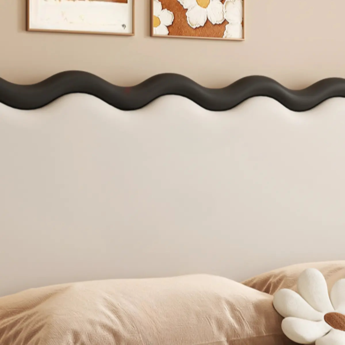 Black Beige Wavy Upholstered Rectangular Headboard Image - 16