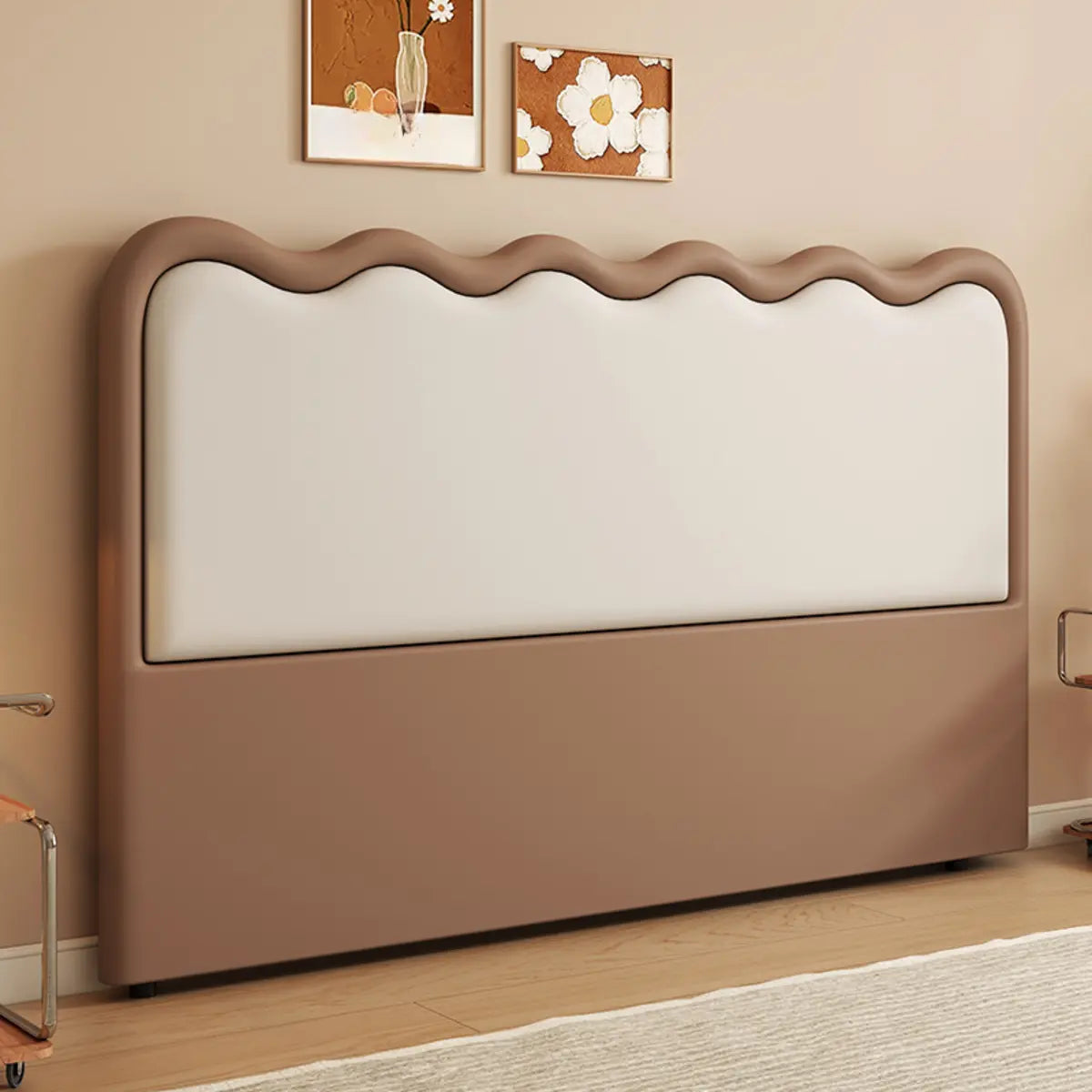 Black Beige Wavy Upholstered Rectangular Headboard Image - 2