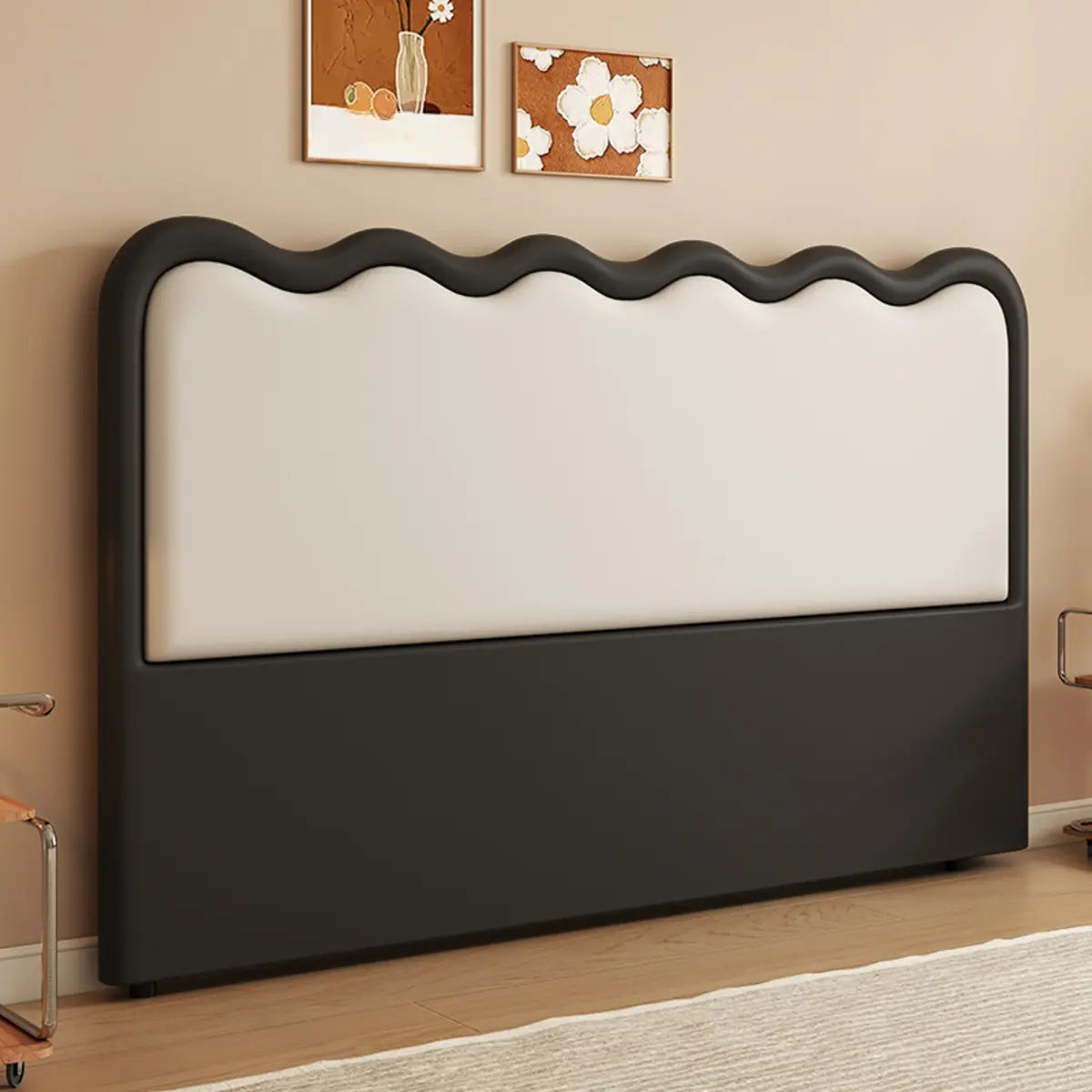 Black Beige Wavy Upholstered Rectangular Headboard Image - 3