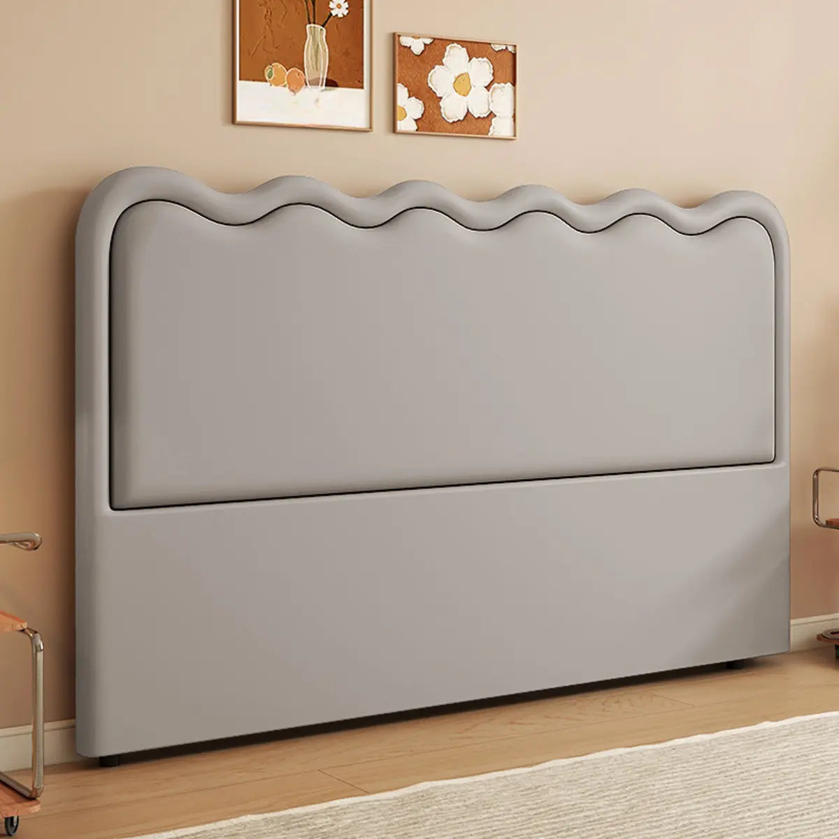 Black Beige Wavy Upholstered Rectangular Headboard Image - 9