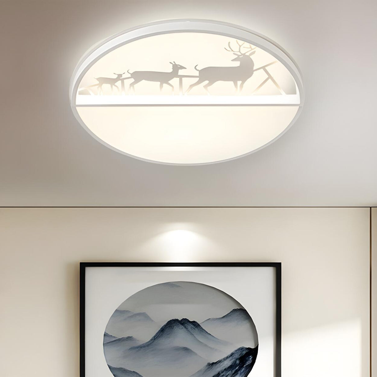 Black Circle Deer Silhouette Small LED Flush Mount Lamp Image - 5