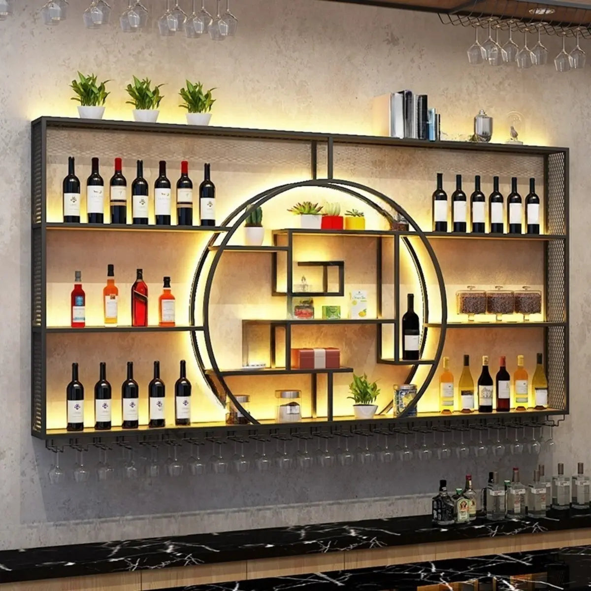 Black Circular Metal Wall Mounted Wine Rack with Lights Image - 1