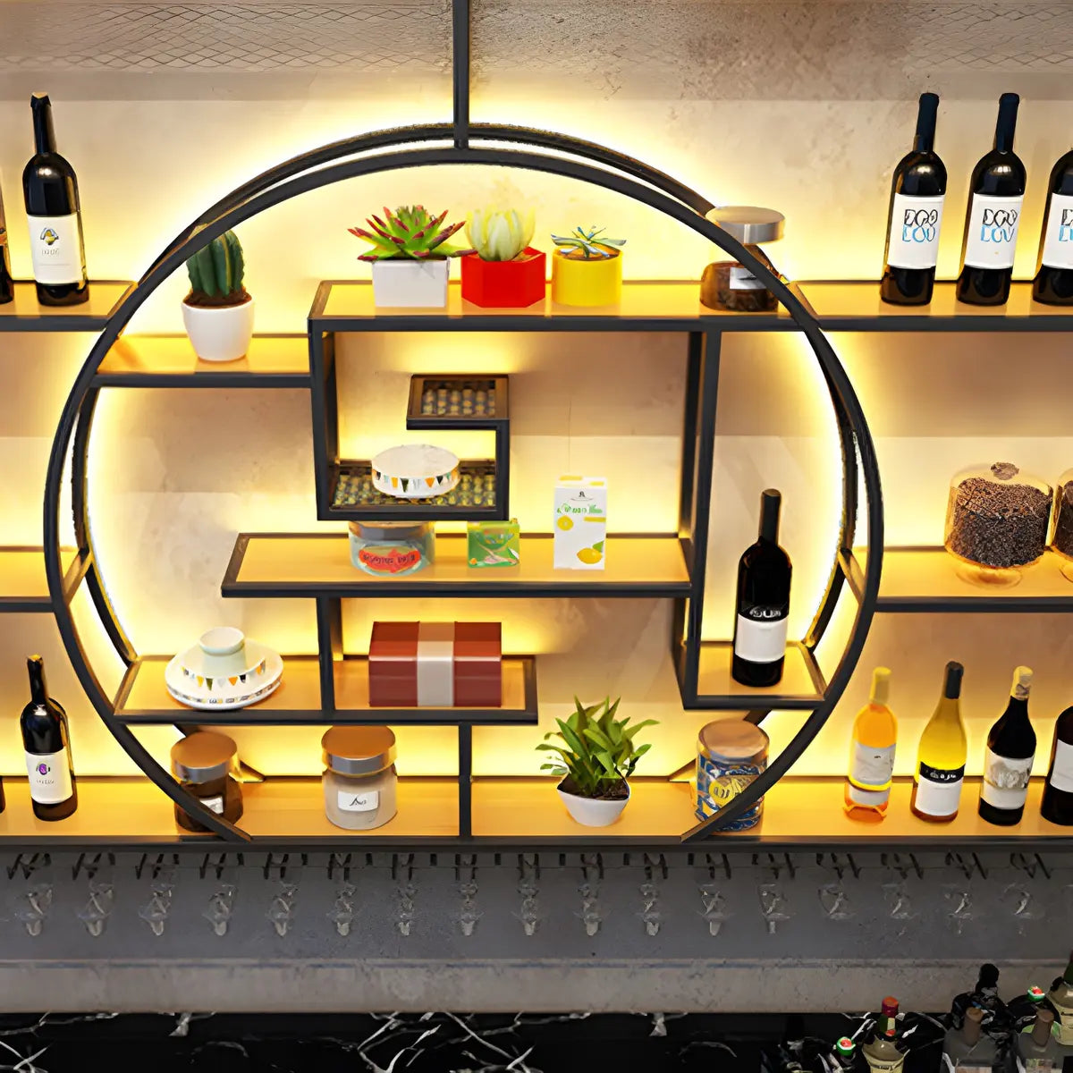 Black Circular Metal Wall Mounted Wine Rack with Lights Image - 11