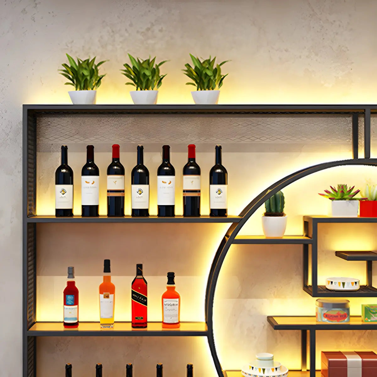 Black Circular Metal Wall Mounted Wine Rack with Lights Image - 13