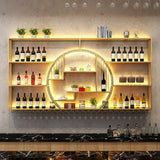 Black Circular Metal Wall Mounted Wine Rack with Lights Image - 15