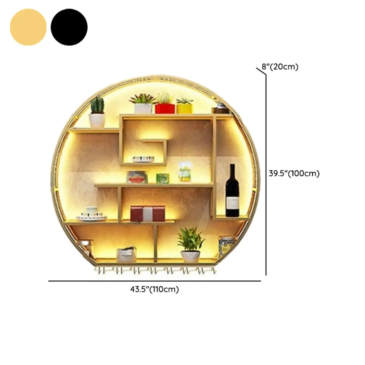 Black Circular Metal Wall Mounted Wine Rack with Lights Image - 22