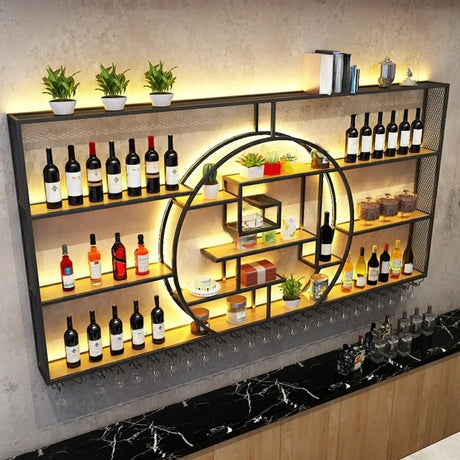 Black Circular Metal Wall Mounted Wine Rack with Lights Image - 4