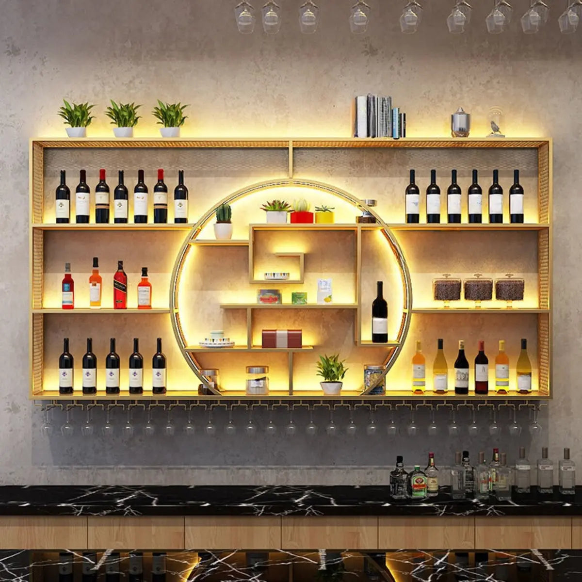 Black Circular Metal Wall Mounted Wine Rack with Lights Image - 8