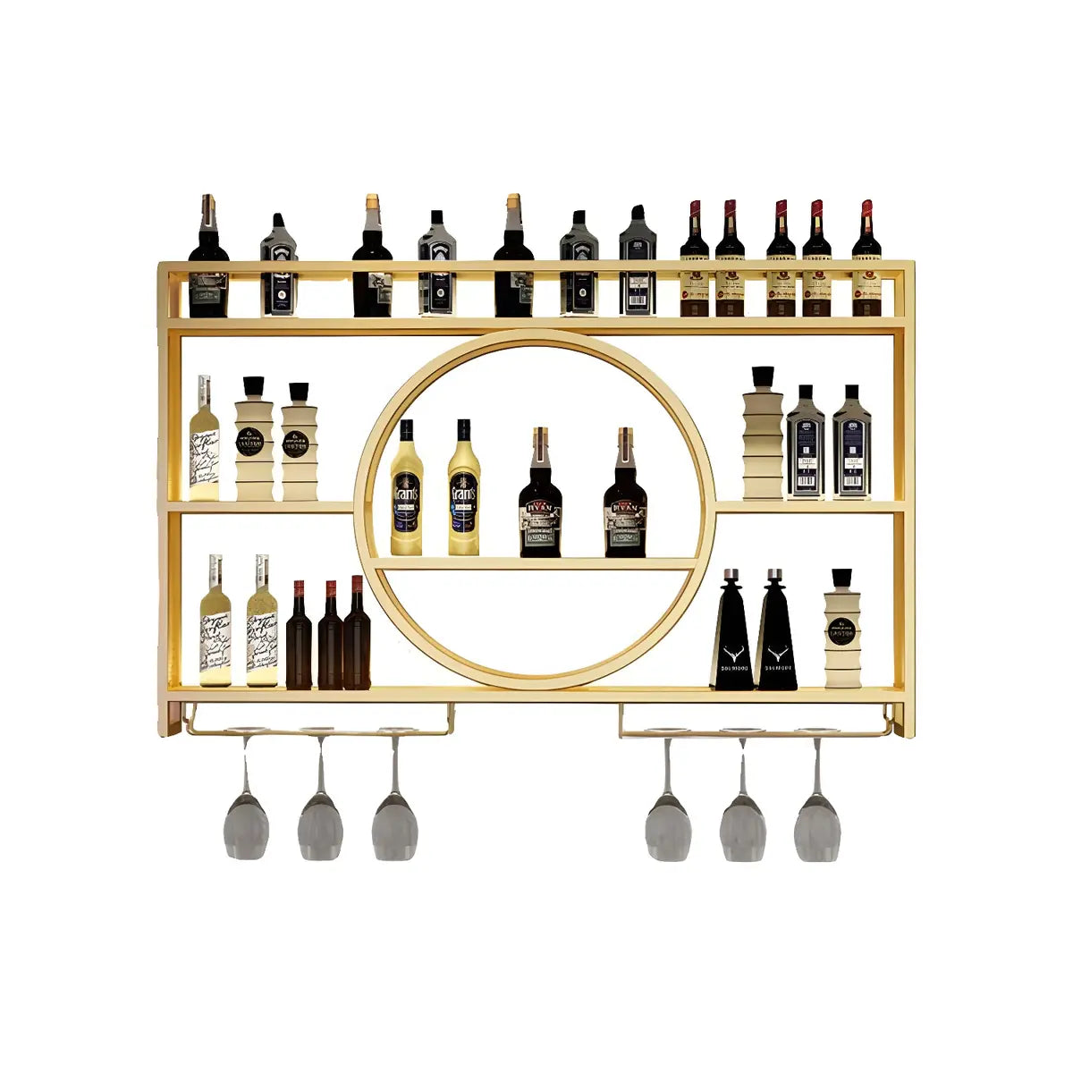 Black Circular Metal Wall Wine Rack with Glass Shelf Image - 10