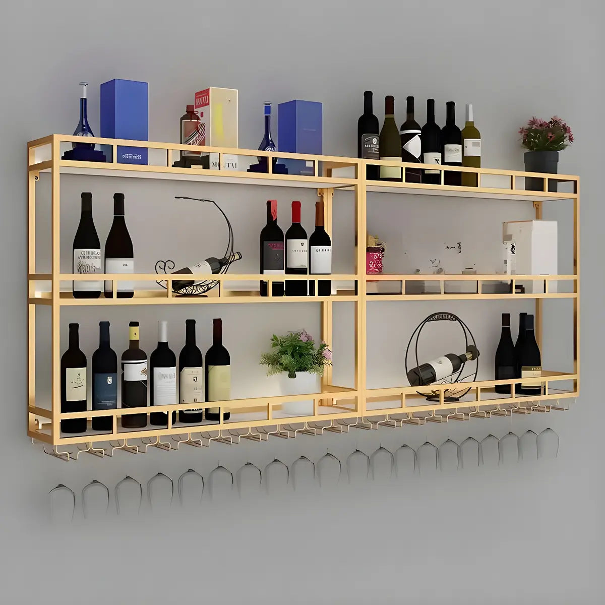 Black Circular Metal Wall Wine Rack with Glass Shelf Image - 11