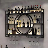 Black Circular Metal Wall Wine Rack with Glass Shelf Image - 2