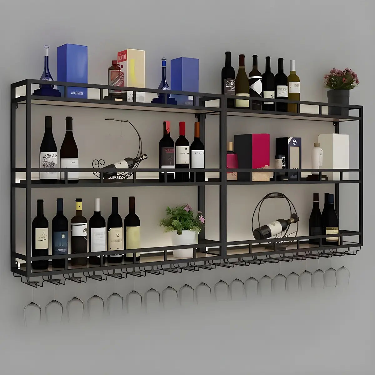 Black Circular Metal Wall Wine Rack with Glass Shelf Image - 3