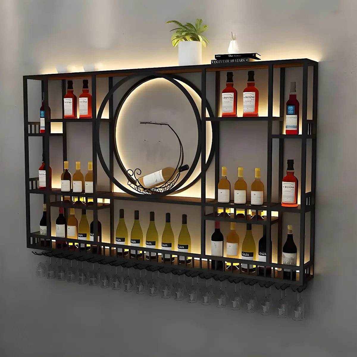 Black Circular Metal Wall Wine Rack with Glass Shelf Image - 5