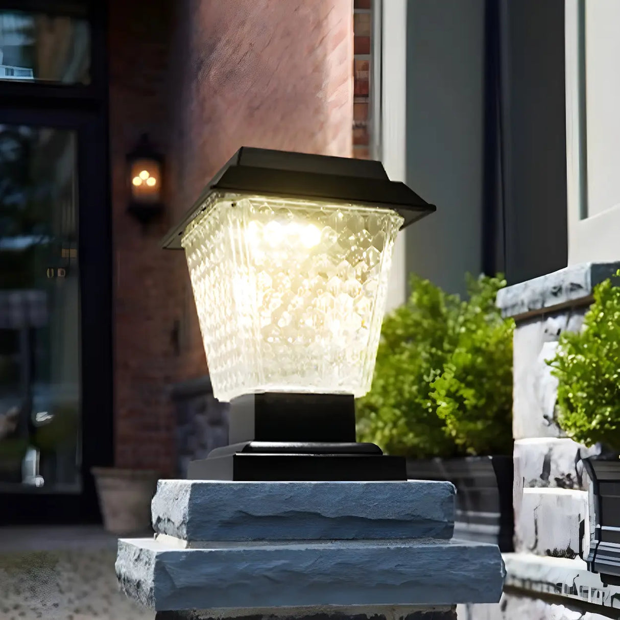 Black Classic Square Glass Outdoor Solar Table Lamp Image - 2