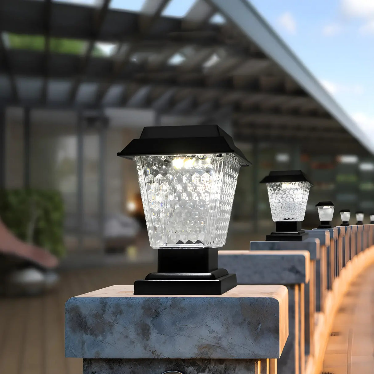 Black Classic Square Glass Outdoor Solar Table Lamp Image - 3