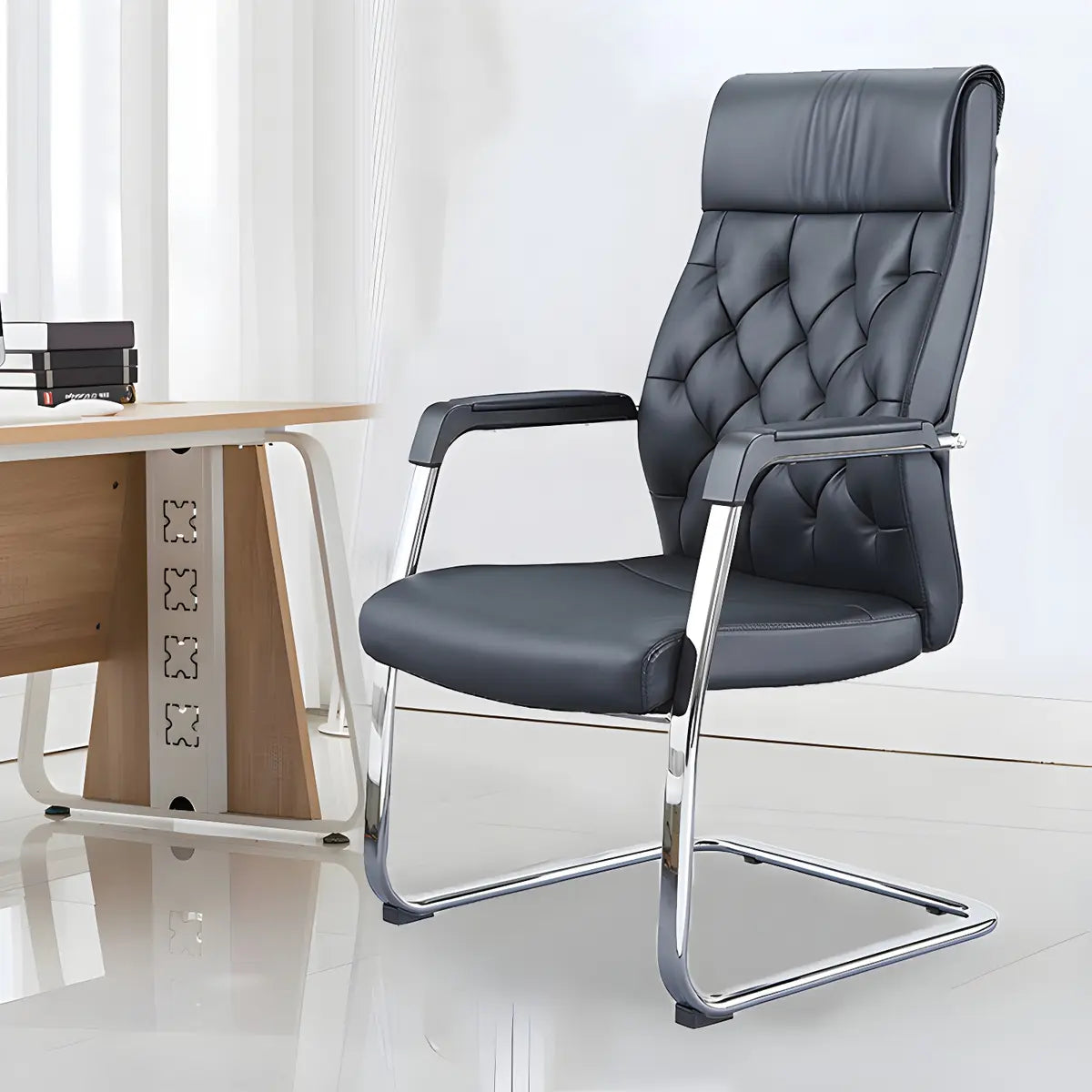 Black Contempoary Armless Faux Leather Office Chair Image - 3