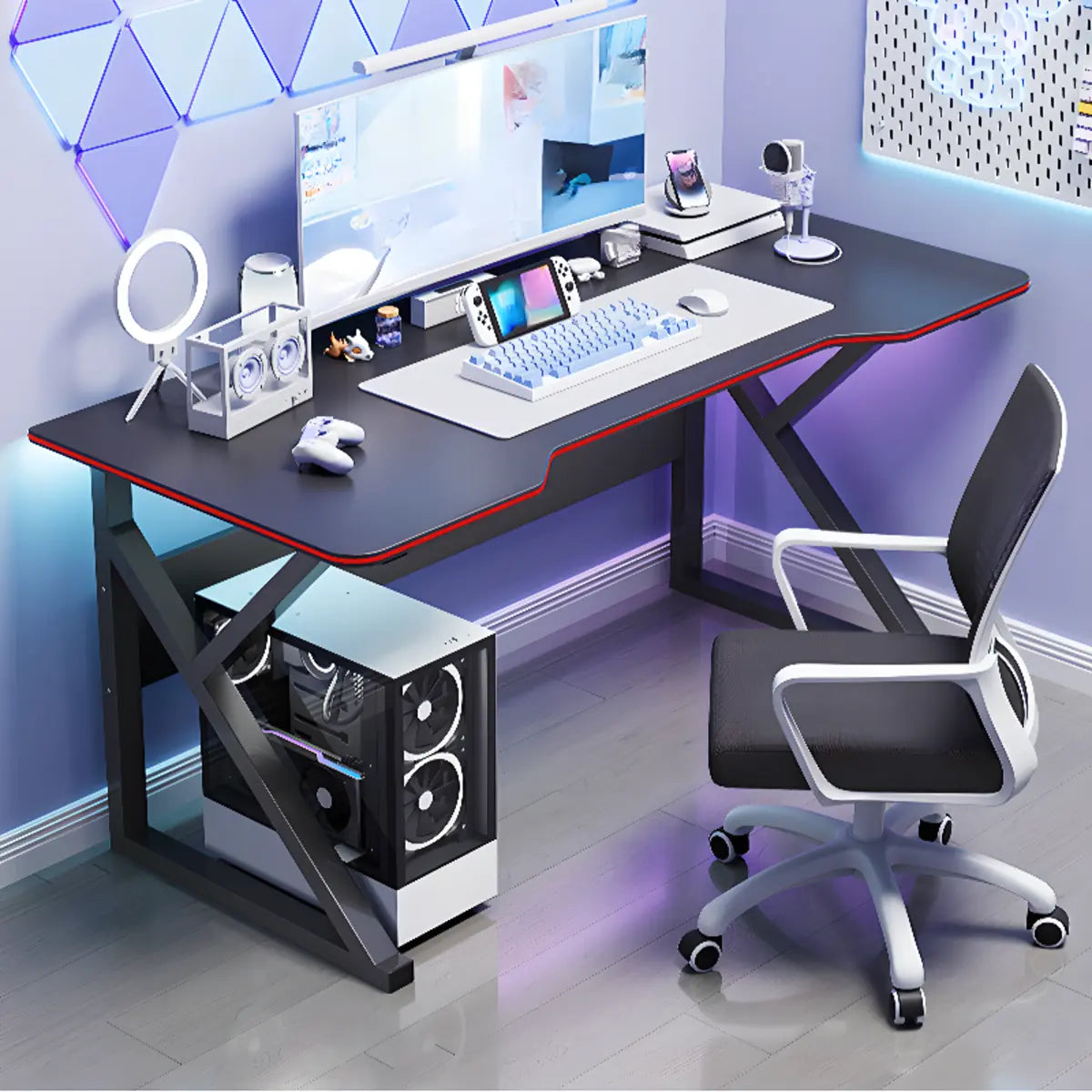 Black Cool Free-Form Wood Top Metal Base Gaming Desk Image - 1