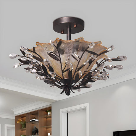 Black Crystal Branch Amber Glass Semi-Flush Mount Light Image - 1