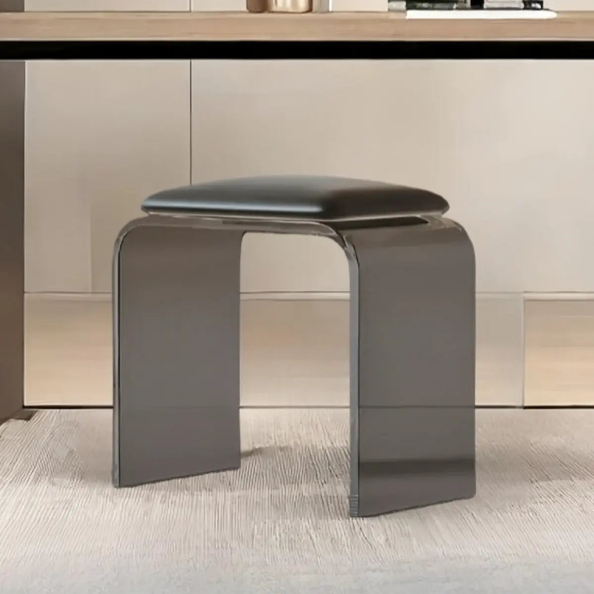 Black Curved Metal Sled Base Leather Seat Vanity Stool Image - 1