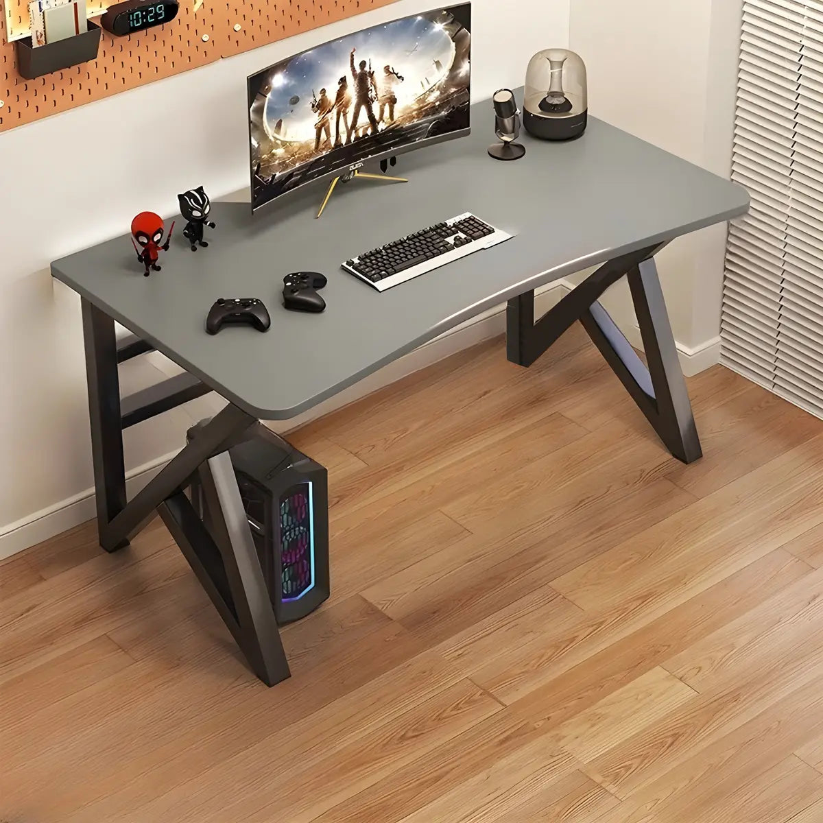 Black Curved Wood Cable Management Trestle Gaming Desk Image - 11