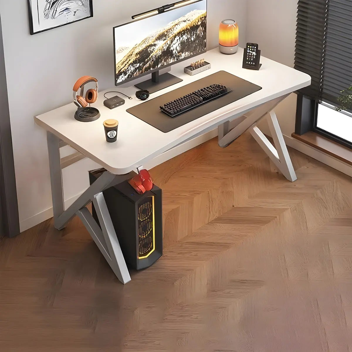 Black Curved Wood Cable Management Trestle Gaming Desk Image - 18