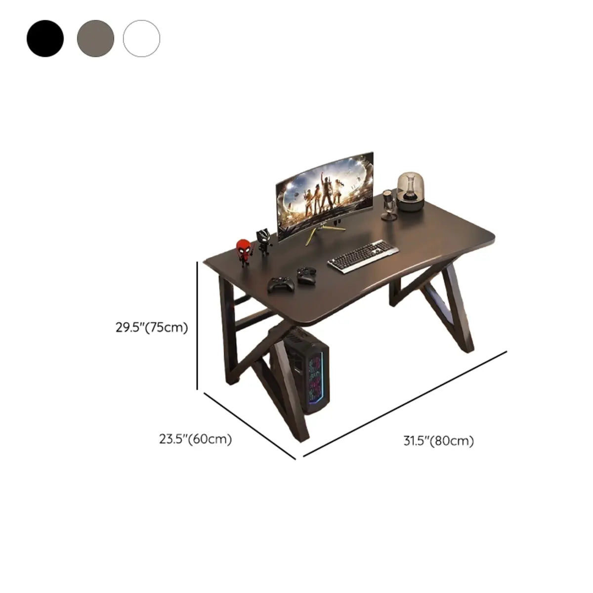 Black Curved Wood Cable Management Trestle Gaming Desk 