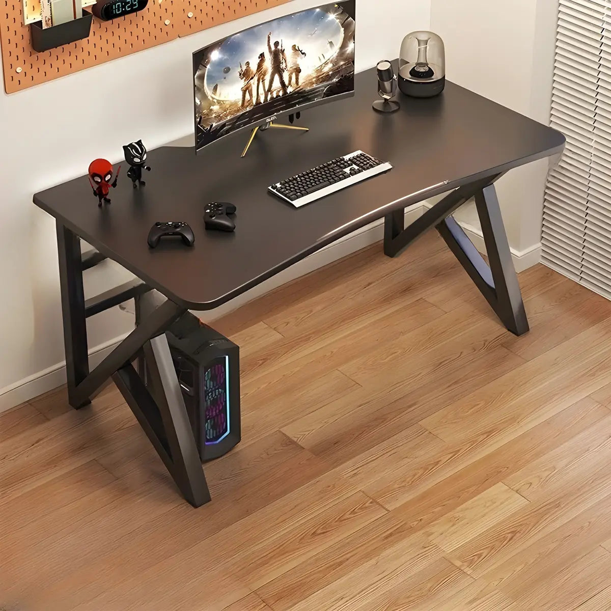 Black Curved Wood Cable Management Trestle Gaming Desk Image - 5