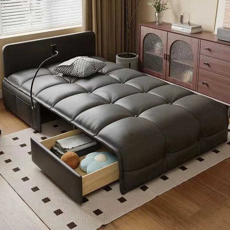 Black Cushion Back Armless Leather Storage Futon Sofa Bed Image - 2