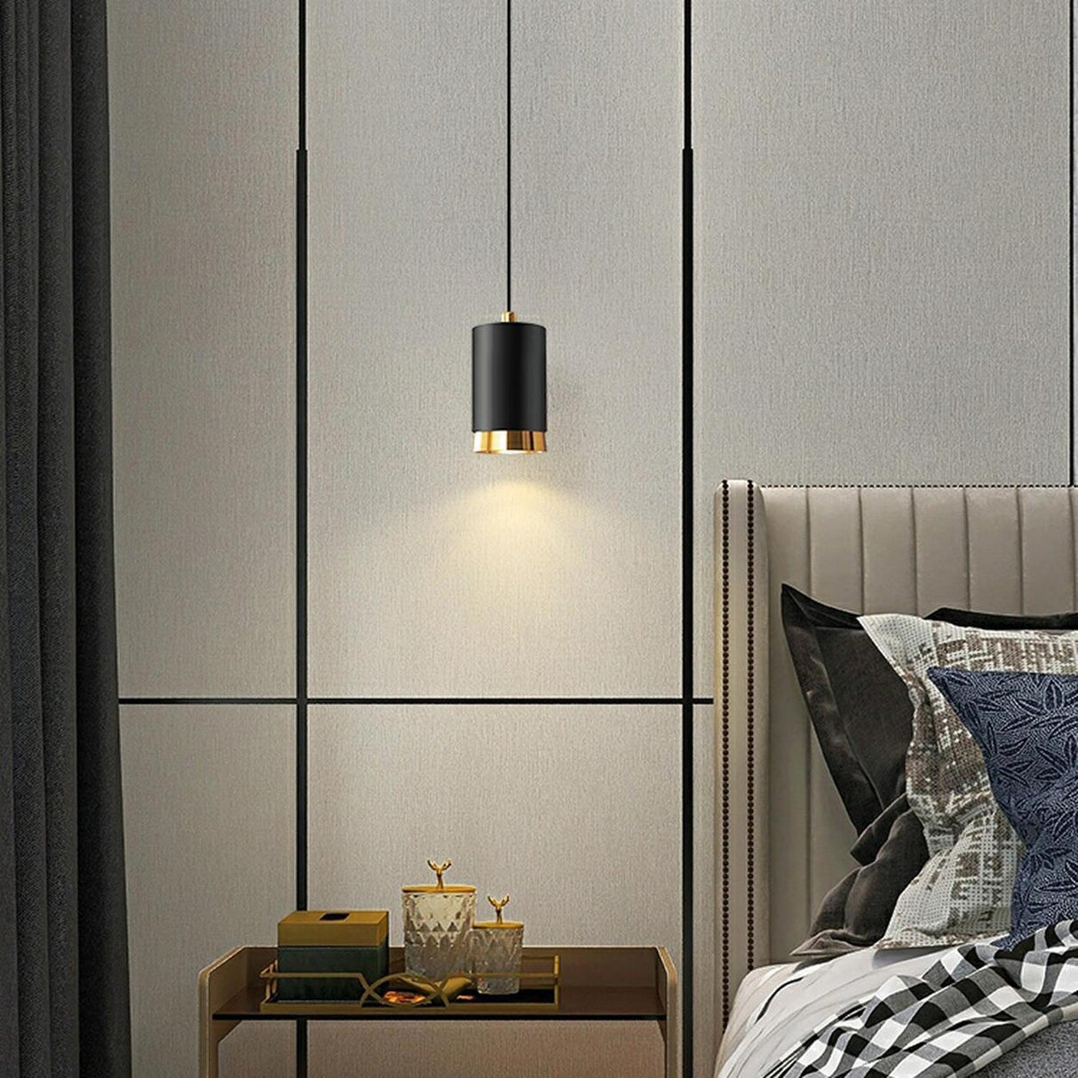 Black Cylinder Metal Simple Bedroom Pendant Light Image - 4