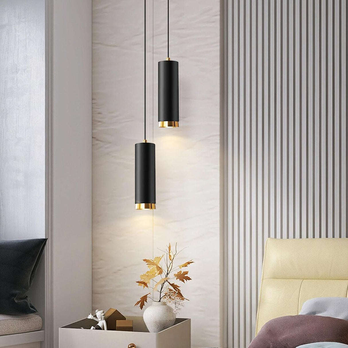 Black Cylinder Metal Simple Bedroom Pendant Light Image - 6