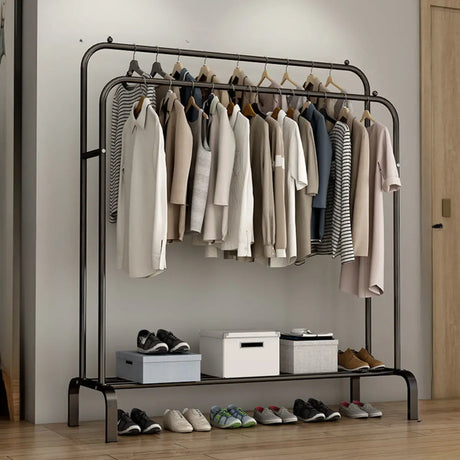 Black Double Rail Metal Freestanding Hooks Closet Rack Image - 2