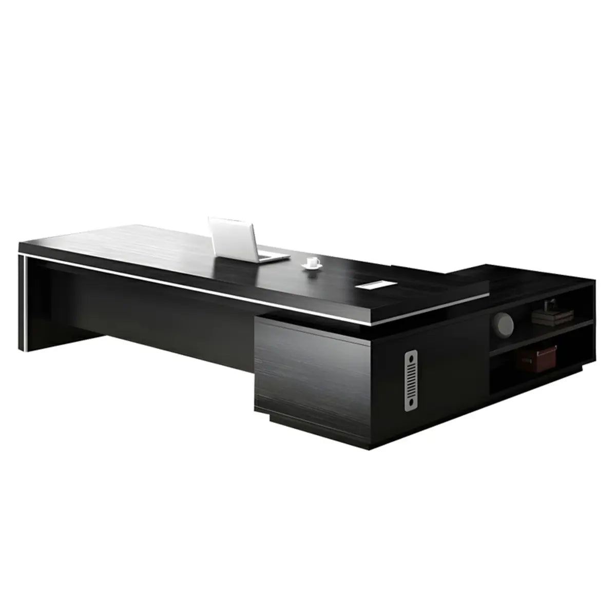 Black Drawers Exterior Shelving L-Shape Executive Desk Image - 3