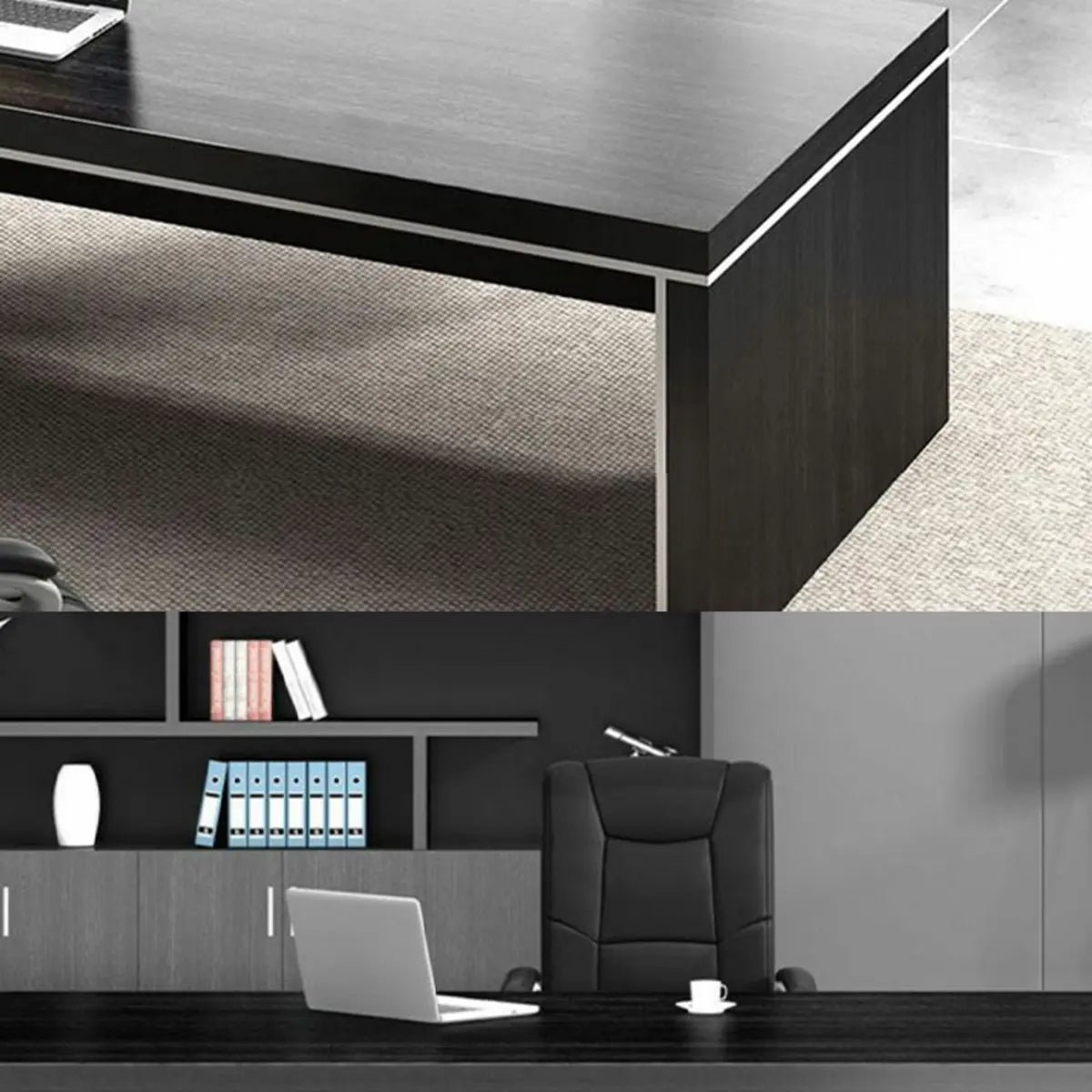 Black Drawers Exterior Shelving L-Shape Executive Desk Image - 9