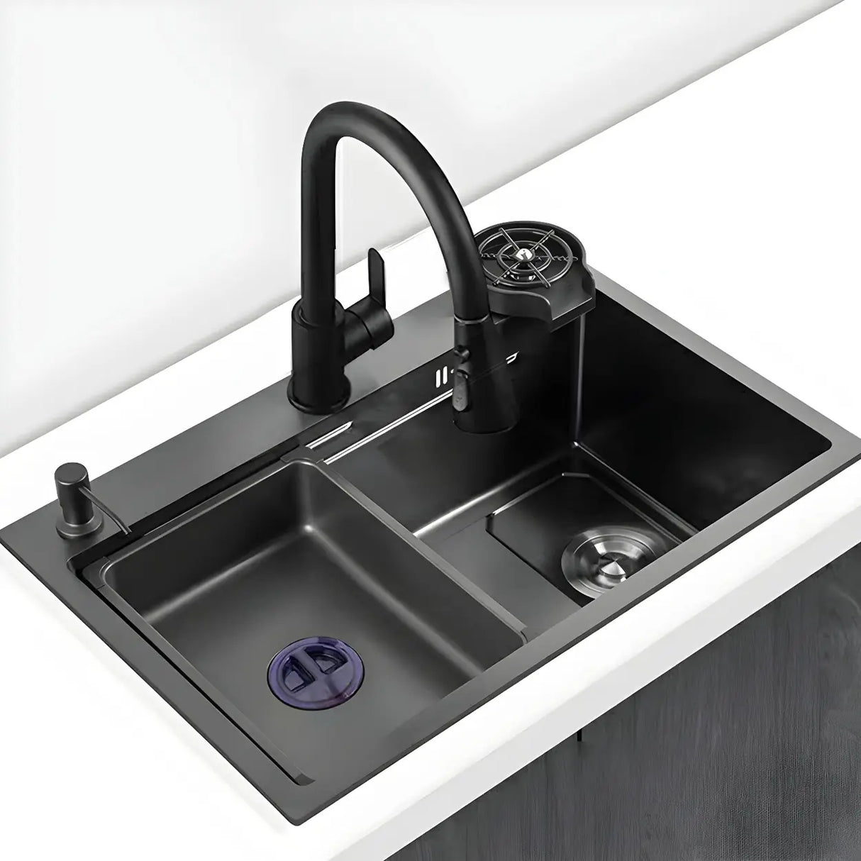 Black Drop-In Overflow Kitchen Sink with Colander Image - 1