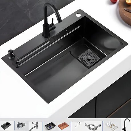 Black Drop-In Overflow Kitchen Sink with Colander Image - 2