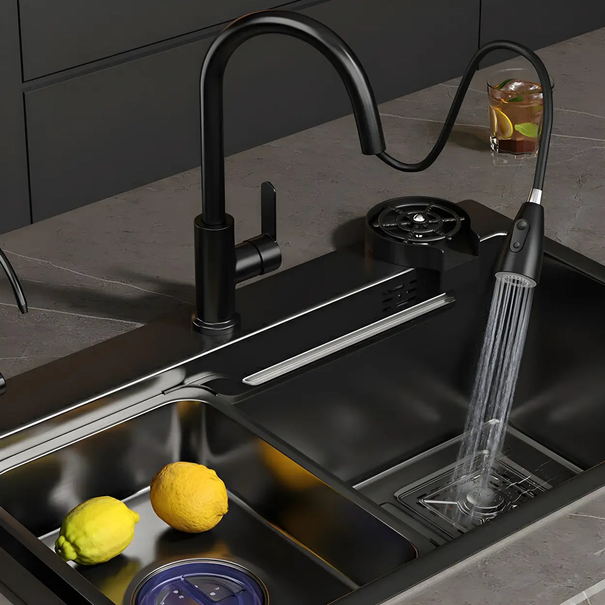 Black Drop-In Overflow Kitchen Sink with Colander Image - 4