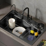 Black Drop-In Overflow Kitchen Sink with Colander Image - 8