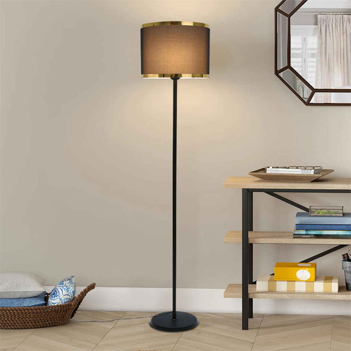 Black Drum Contemporary Metal Column Floor Lamp Image - 3