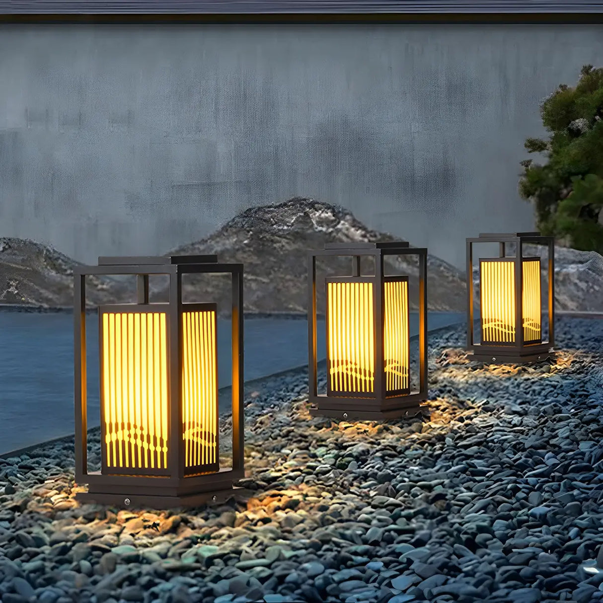 Black Elegant Rectangular Lantern Outdoor Table Lamp Image - 4