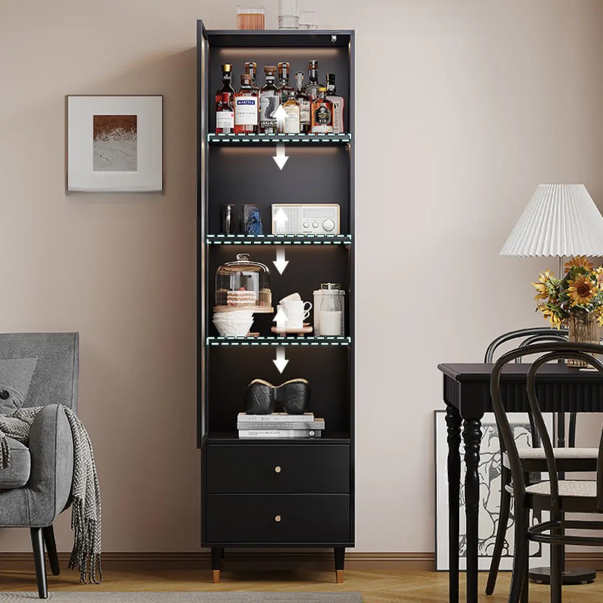 Black Enclosed Glass Living Room Storage China Cabinet Image - 4