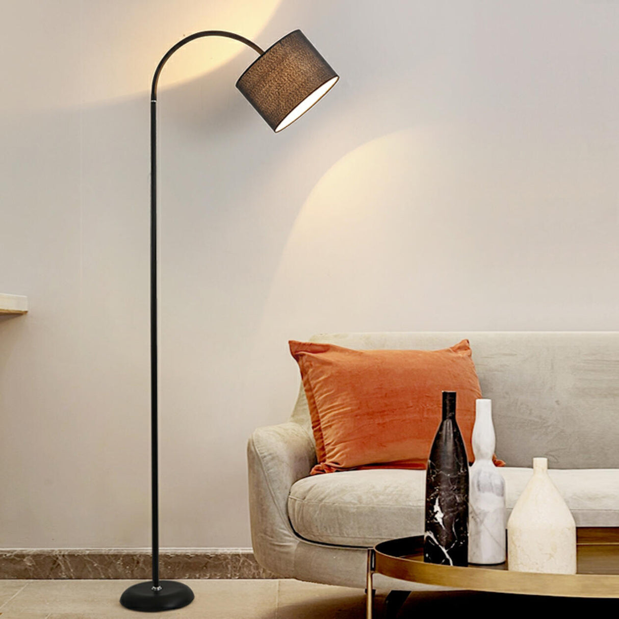 Black Fabric Barrel Arched Metal Modern Floor Lamp Image - 3