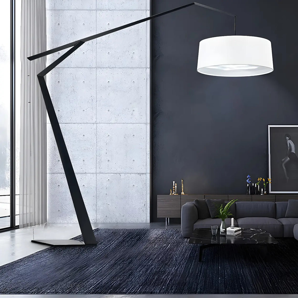 Black Fabric Cylinder and Arc Metal Floor Lamp Image - 21