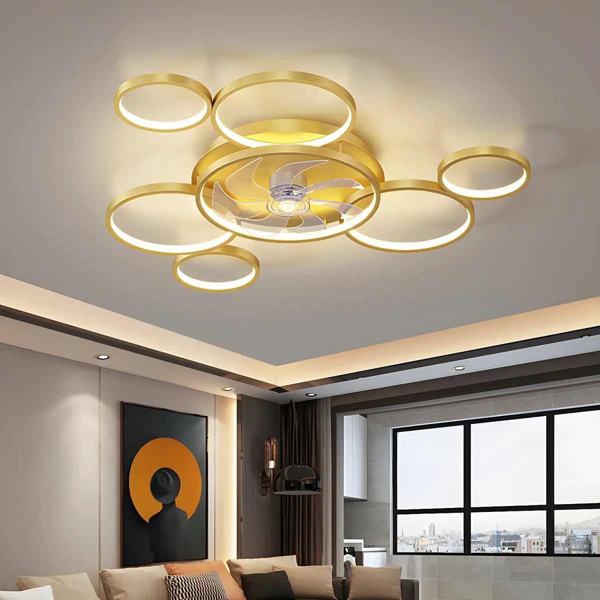 Black Fashionable Multi-Ring LED Ceiling Fan with Light Image - 3