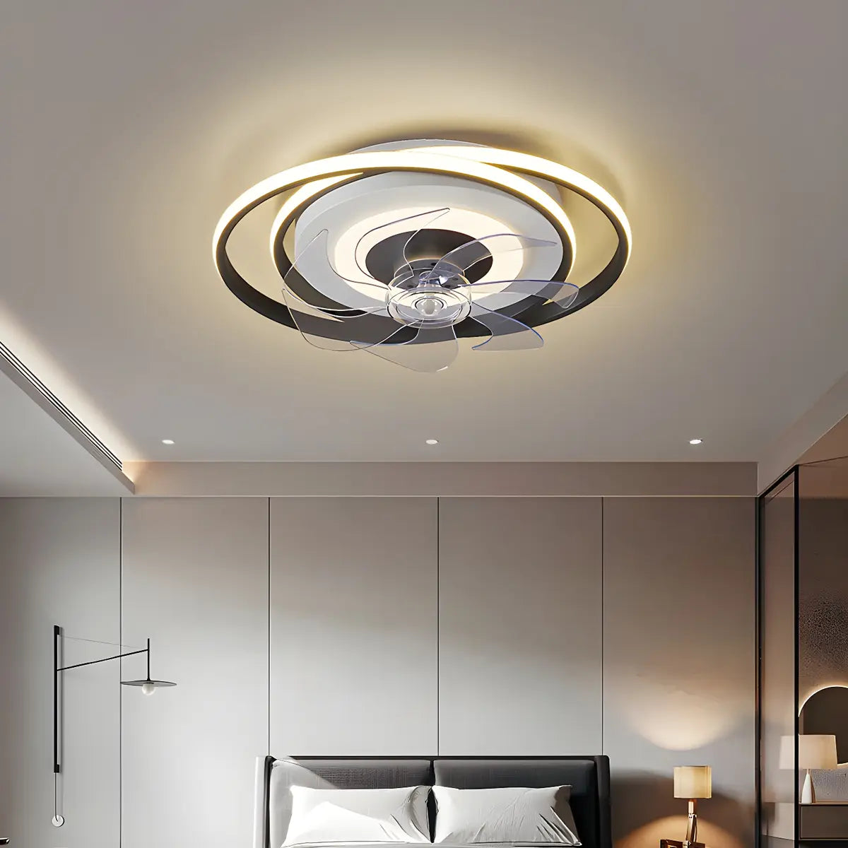 Black Fashionable Multi-Ring LED Ceiling Fan with Light Image - 7