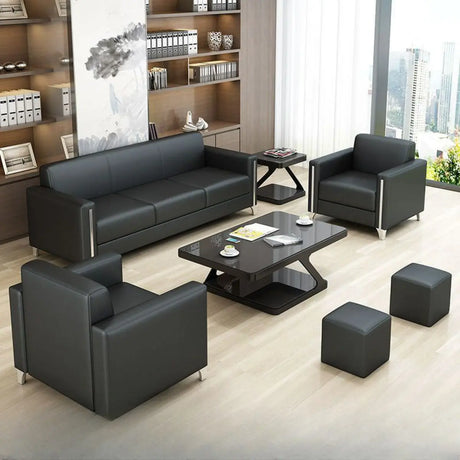 Black Faux Leather Reception Sofa Set for Office Image - 1